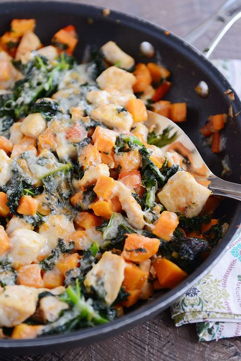 Cheesy Chicken, Kale and Sweet Potato Skillet Meal | My Kitchen Cafe | Bloglovin’ Potato Skillet, Chicken Kale, Salad Kale, Sweet Potato Skillet, Sweet Potato Kale, Chicken Sweet Potato, Kale Recipes, Paleo Dinner, Skillet Meals