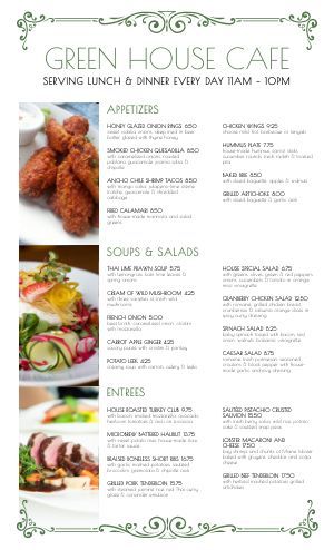 Fine Dining Menu Templates with Elegant Style - MustHaveMenus Fine Dining Menu Ideas, Fine Dining Menu Design, Green House Cafe, Main Course Menu, Soup Menu, List Of Appetizers, Restaurant Menu Card, Fine Dining Menu, Menu Layout