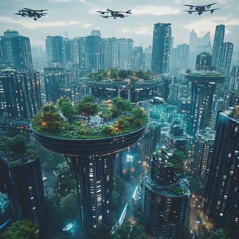 🌆 Explore a Futuristic City: Skyscrapers, Rooftop Gardens & Drones 🌿✨ Experience the harmony of nature and technology in this stunning city. Lush rooftop gardens, soaring skyscrapers, and buzzing drones create an electrifying atmosphere. #FuturisticCity #UrbanNature #Drones #midjourney Skyscraper Rooftop, Earthship Home Plans, Futuristic Garden, Solar Punk, City Skyscrapers, Nature And Technology, Rooftop Gardens, Earthship Home, Eco City