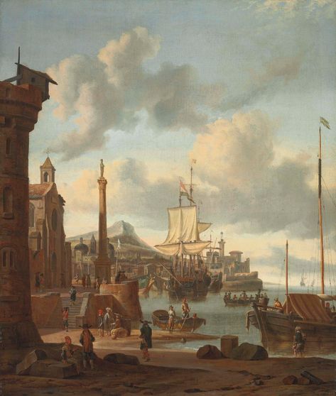 Abraham Storck (Amsterdam 1644-1708) | A capriccio of a Mediterranean harbour with a Dutch ship at anchor, a churchyard with a classical column on the embankment, figures descending to the beach | 17th Century, late 17th Century | Christie's 17 Century Aesthetic, 17th Century Aesthetic, Century Boats, 17th Century Paintings, 17th Century Art, Dutch Golden Age, Street Painting, Medieval Life, Medieval World