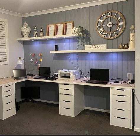 Small Office Space Ideas Business, L Shaped Home Office Layout, Craft Room Floating Shelves, Two Desk Office Ideas, Ikea Office For 2, Small Home Office And Craft Room Combo, Office Ideas For Small Space Business, Home Office Setup Cozy, Home Office Craft Room Combo Ideas