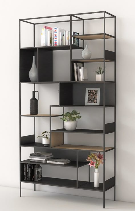 Shelf Decor Living Room, Shelf Furniture, Industrial Design Furniture, Modern Office Design, Metal Furniture Design, Bookshelf Design, Room Partition Designs, Iron Furniture, Steel Furniture