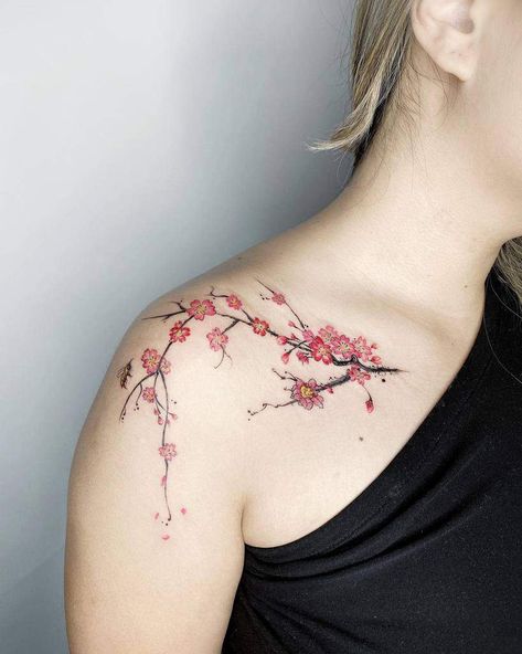 Botanical Tattoo Design, Delicate Flower Tattoo, Shoulder Cap Tattoo, Flower Shoulder Tattoo, Flower Tattoo Shoulder, Back Of Shoulder Tattoo, Shoulder Tattoos, Blossom Tattoo, Shoulder Tattoos For Women