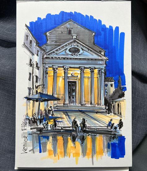 Marker Art Architecture, Urban Sketching Pencil, Marker Architecture Drawing, Architecture Drawing Art Buildings, Markers Drawing Architecture, Coloring Aesthetic, Art Buildings, Copic Drawings, Watercolor Architecture