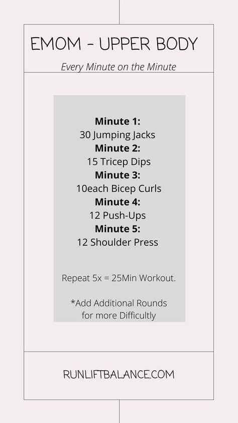 Upper Body EMOM (for runners!) Add rounds based on the time you have available. For Runners I would suggest adding on at least two round after you run. This allows you to still get in mileage, as well as, some strength work. Emom Workout, Treadmill Workouts, Weight Training Workouts, Shoulder Press, Bicep Curls, Strength Workout, Upper Body Workout, Leg Workout, Weight Training