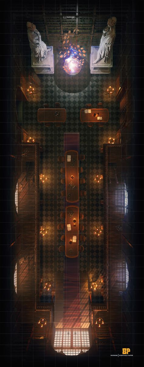 With each step down the staircase, you take in the grandiose atmosphere. Countless leather-bound books packed tightly on their shelves, candelabras flickered in the dusty air, and then your eyes snap forward... a mystical flame burns brightly at the far end of the library. #eightfoldpaper #eightfold #battlemap #map #ttrpg #dnd #rpg #pathfinder #roll20 #dungeon #dragons #5e #free #fantasy #library #spells #sorceror #wizard #books #study #interior #vtt #candlekeep #vault #knowledge Dnd Battle Maps Library, Dnd Library Battle Map, Dnd Library Map, Dnd Battle Maps, Jungle Camp, Rpg Wallpaper, Great Library, Fantasy City Map, Dnd World Map