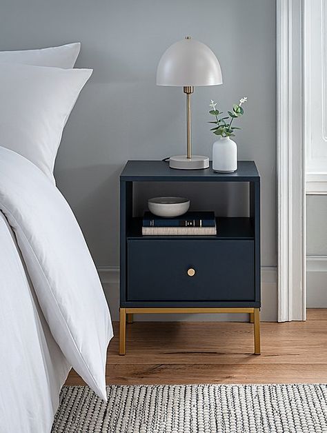 Navy Bedside Table Bedside Table Navy, Landing Furniture Ideas, Navy Bedside Table, Nightstands Ideas Bedside Tables, Bedroom Side Table Ideas, Hamptons Bedroom, Contemporary Style Bedroom, Blue Bedside Tables, Blue Bedroom Furniture