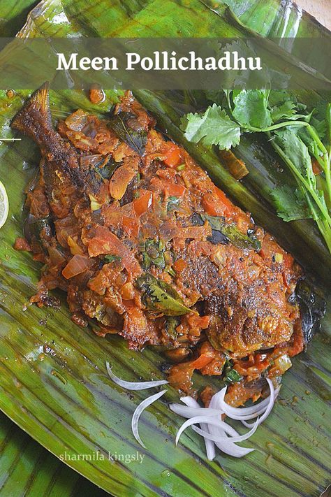 Meen Pollichadhu or karimeen pollichathu is a traditional Kerala style seafood dish. It is prepared by cooking fish with special masala wrapped in banana leaf. Cooking Fish, How To Cook Fish, Horse Videos, Banana Leaves, Banana Leaf, Seafood Dishes, Tandoori Chicken, Indian Food, Fish Recipes