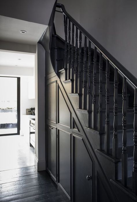 Black Floorboards, Indoor Stairs, Victorian Rooms, Black Staircase, Stair Ideas, Victorian Hallway, Painted Staircases, Black Stairs, Hallway Inspiration