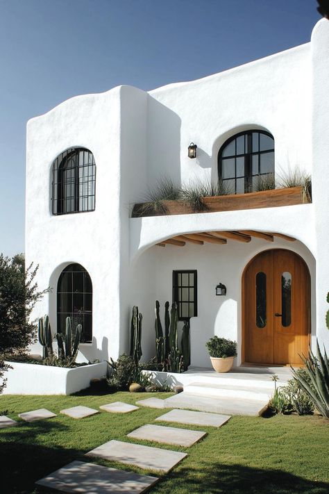 White stucco house with arched windows and desert landscaping. Homes that are not only chic and sleek, but also clever enough to make your tech-savvy toaster feel right at home. Flat Roof Spanish House, White Adobe House Exterior, Desert Style Home Exterior, Adobe Style Homes Exterior, Modern Desert Home Exterior, House With Arched Windows, Modern Adobe House Exterior, Adobe House Exterior, Desert Home Exterior