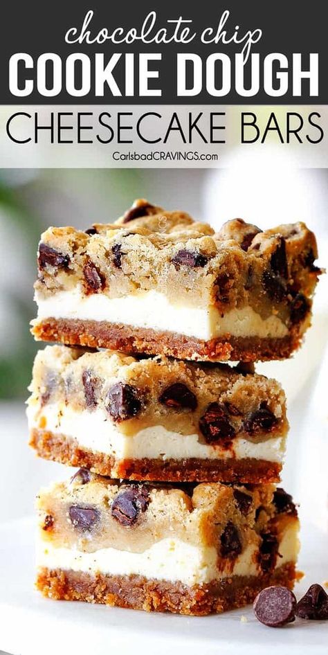 Cookie Dough Cheesecake Bars, Chocolate Chip Cookie Dough Cheesecake, Chocolate Chip Cheesecake Bars, Cookie Dough Cheesecake, Dessert Halloween, Smores Dessert, Banana Split Dessert, Diy Dessert, Coconut Dessert