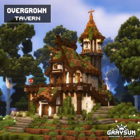 Minecraft Fantasy Village Layout, Elven Minecraft House, Minecraft Fantasy Tavern, Fantasy Town Minecraft, Minecraft Fantasy Base, Medieval Tavern Minecraft, Minecraft Tavern Build, Concept Art Minecraft, Minecraft Tavern Ideas