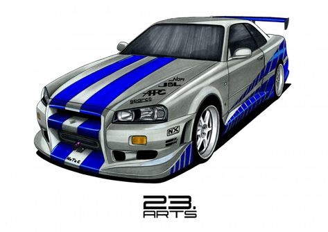 Fast And Furious Cars Drawing, Nissan Skyline Drawing, Fast And Furious Drawings, Nissan Skyline R34 Drawing, Nisan Gtr, Animated Car, Fast And Furious Cars, Leg Sleeve Tattoos, Leg Tattoo Ideas