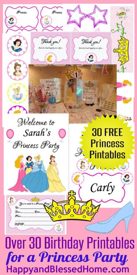 30 FREE Princess Birthday Party HappyandBlessedHome with 30 Free Princess Printables, Princess Cake Decorating, Hanging Mobile, Princess Centerpiece, Princess Wands, Princess Invitations, Princess Crwons, Princess Thank you Notes - DIY Party Decorations for a little girl birthday party. Princess Party Printables, Diy Princess Party, Princess Birthday Party Decorations, Disney Princess Birthday Party, Birthday Invitations Diy, Princess Tea Party, Princess Theme Party, Princess Diy, Disney Princess Birthday