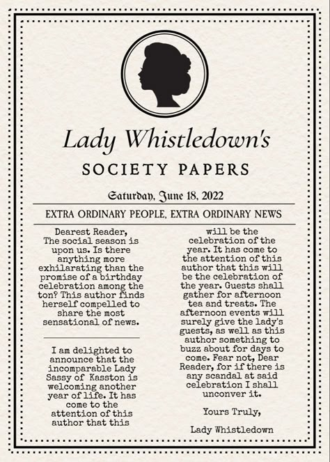 Bridgerton Vintage Poster, Debut Event Style, Lady Whistledown Birthday Invitation, Bridgeton Invitation, Lady Wishtledown Letter, Bridgerton Birthday Invitation, Bridgerton Black And White, Bridgerton Graphic Design, Lady Whistledown Society Paper Template