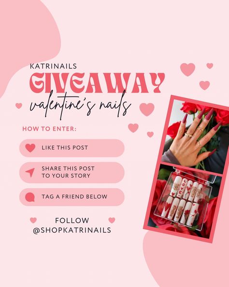 💅🏼KatriNails Valentine Nails Giveaway🌹 To enter 1.Follow @shopkatrinails ✨ 2.Share this Post 💖 3.Tag a nail lover or a bestie 🫶🏼 There will be 3 winners! Winners will be announced in a couple of days! If you haven’t tried KatriNails ✨ This is the perfect time to get your own custom press on nails 🤩 Nail Giveaway Post Ideas, Nail Giveaway Ideas, Giveaway Post, Custom Press On Nails, Valentine Nails, Valentine's Day Nails, Valentines Nails, Nail Tech, Room Inspo