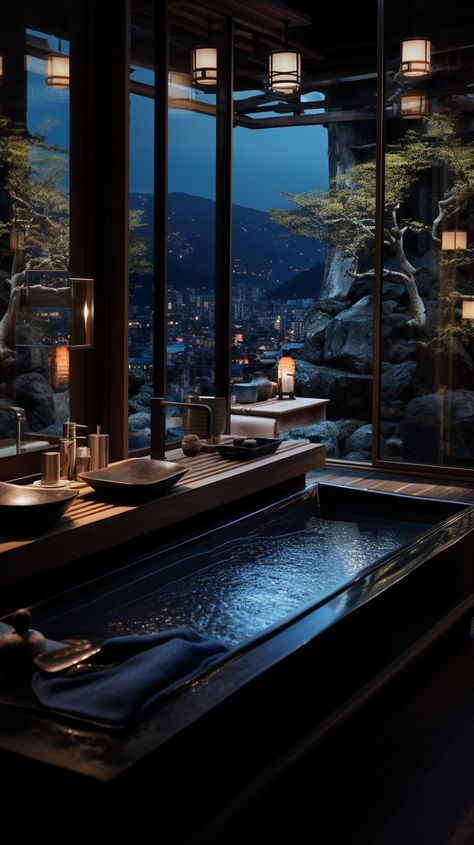 Stone and Wood Bathrooms with a View of Kyoto City Beautiful Bathtubs Luxury, Tokyo Luxury, Nice Bedrooms, Sauna Bathroom Design, Sauna Bathroom, Japanese Bath House, Tub Room, Japan Luxury, Mansion Aesthetic