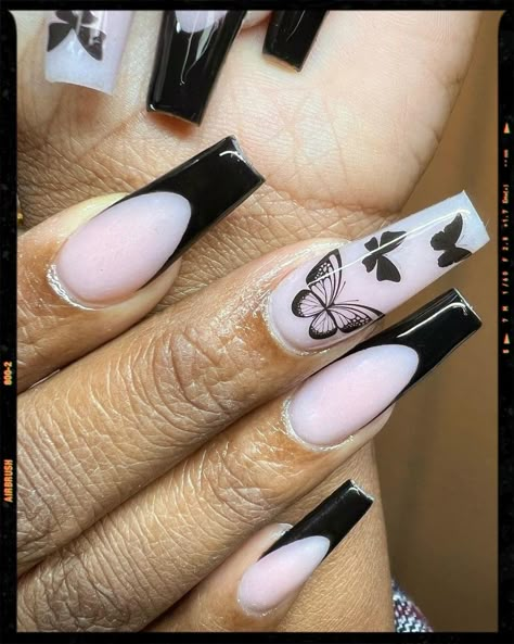 Acrylic Nails - Coffin Nails Black Acrylic Nails Coffin Butterfly, Pink And Black Butterfly Nails, Black Nails With White Butterflies, Black And Silver Butterfly Nails, Black Butterfly Nail Designs, Black Nails With Butterflies, Butterfly Nail Designs Acrylic, Butterfly Nails Black, Black Butterfly Nails