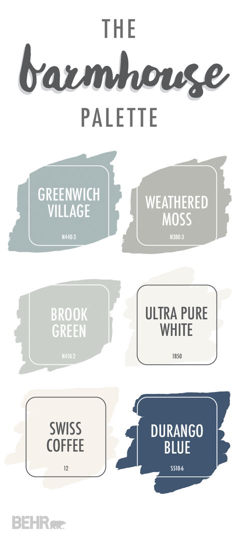 Check out this farmhouse chic color palette from BEHR Paint to find the perfect rustic color scheme for your home. Try matching light neutral colors like Weathered Moss, Brook Green, and Ultra Pure White to bring out the natural lighting in your home. Use warm wooden accents to make this color palette feel comfortable and inviting. Click below to learn more. Rustic Color Schemes, Brook Green, Farmhouse Paint Colors, Farmhouse Paint, Paint Color Palettes, Rustic Colors, Joanna Gaines, Paint Colors For Home, Farmhouse Chic