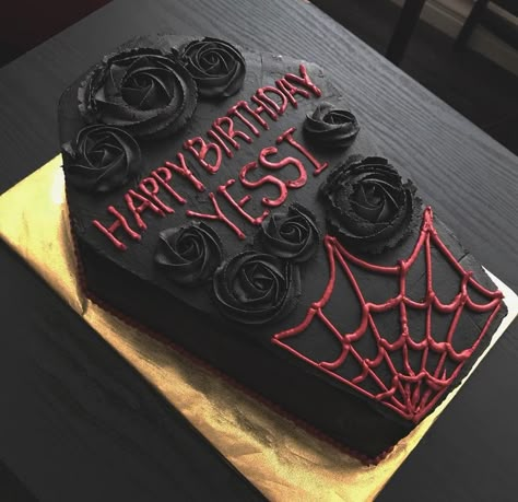 Spooky 16 Birthday, Black Coffin Birthday Cake, Emo Sweet 16 Party Ideas, Gothic Birthday Party Ideas, Goth 21st Birthday, Gothic 30th Birthday, Coffin Shaped Birthday Cake, Rip To My Youth Cake, Goth Cake Ideas