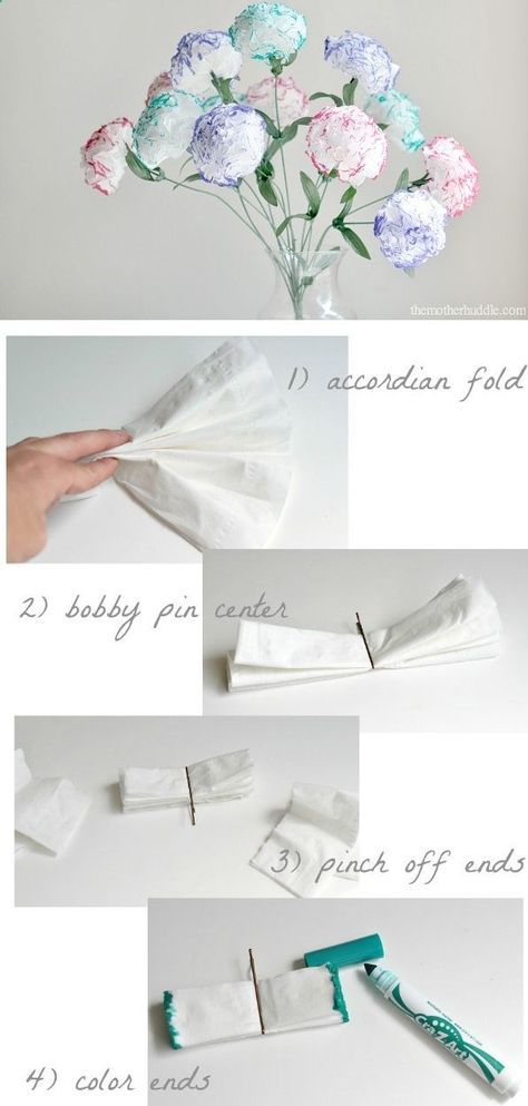 Use Kleenex and markers to make a flower bouquet that will never wilt. Great for Mother's Day or Valentine's day. Or even better as a Just Because gift. Make Tissue Paper Flowers, Tissue Paper Crafts, Tissue Flowers, Diy Designs, Rose Crafts, Handmade Stuff, Flower Craft, Mothers Day Crafts For Kids, Tissue Paper Flowers