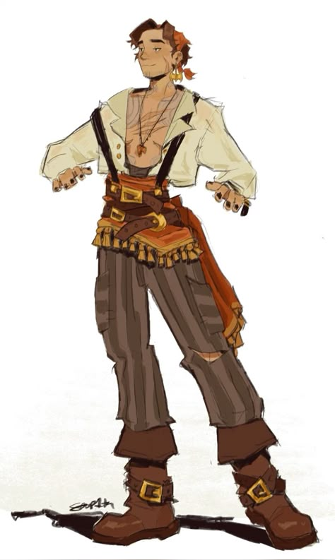 Pirate Reference Character Design, Baggy Character Design, Pirate Outfit Art Male, Dnd Bard Pose Reference, Pirate Jacket Drawing, Pirate Art Reference, Pirate Oc Design, Tavern Character Design, Transmasc Character Art