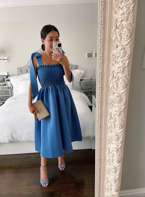 asos petite summer to fall wedding guest dress // feminine smocked top dress with statement bow tie straps Blue Wedding Guest Dresses, Jumpsuit Linen, Blue Dress Outfits, Tie Strap Dress, Stylish Petite, Fall Wedding Guest, Fall Wedding Guest Dress, Outfit Wedding Guest, Asos Petite