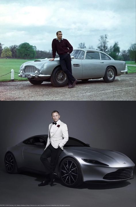 James Bond 007 & Aston Martin ~ Top - Aston Martin DB5 (with Sean Connery) / Bottom - Aston Martin DB10 (with Daniel Craig) James Bond Craig, 007 Aston Martin, Aston Martin Db10, Aston Martin Db5, James Bond 007, Kingdom Of Great Britain, Sean Connery, Daniel Craig, Isle Of Man