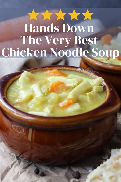 Five Star Chicken Noodle Soup that is FULL of flavor! A few secret ingredients make this a stand out recipe for Chicken Noodle Soup. Reames Noodles, Chicken Soup Recipes Homemade, Best Chicken Noodle Soup, Chicken Noodle Soup Crock Pot, Chicken Noodle Soup Recipe, Chicken Noodle Soup Easy, Homemade Chicken Noodle, Recipe Soup, Noodle Soup Recipe