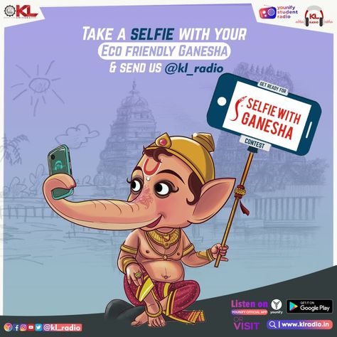 Selfie with Ganesha contest poster design for KL Radio Contest Poster Design, Happy Ganesh Chaturthi Wishes, गणेश जी, Eco Friendly Ganesha, Contest Poster, Real Estate Banner, Ganesh Puja, Social Media Contests, Happy Mothers Day Images