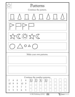 Continue the Pattern (free worksheet)-- Skills: recognizing patterns, drawing geometric shapes, writing numbers. (greatschools.org) Patterns Grade 2 Activities, Patterning Activities, Relief Teaching Ideas, Teaching Algebra, Math Patterns, Kindergarten Worksheets Free Printables, Pattern Worksheet, Math Assessment, 1st Grade Math Worksheets