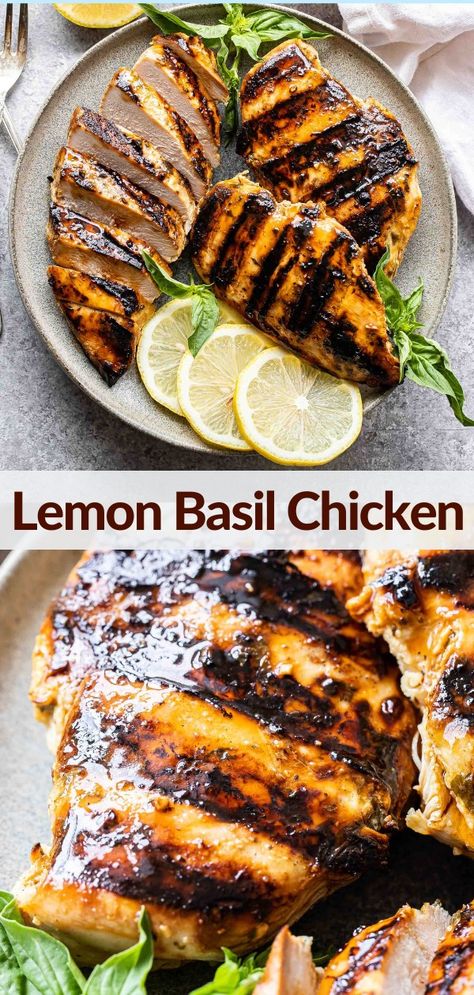 This lemon basil chicken is juicy and tender thanks to the easy marinade. Fresh lemon juice, basil pesto, olive oil, honey, and fresh basil leaves give this grilled chicken tons of flavor! Serve it with a side of rice, add it to a salad, or put it on top of pasta. #chickenrecipes #lemonchicken #grilledchicken #basil #chickenbreastrecipes #healthydinner #summerrecipes #easymeals #chickenmarinade Pesto And Lemon Chicken, Pesto And Lemon Grilled Chicken, Recipes With Basil Leaves And Chicken, Basil Chicken Marinade, Runner Recipes, Lemon Pesto Chicken, Recipe Runner, Lemon Basil Chicken, Grilled Recipes