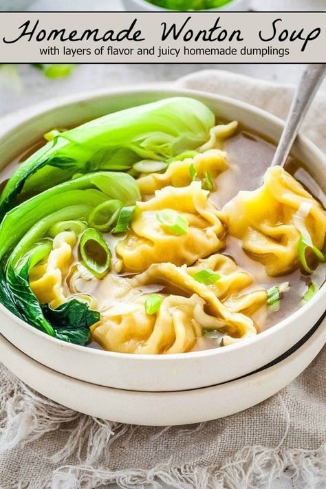 Ginger Dumpling Soup, Ginger Wonton Soup, Korean Wonton Soup, Covi̇d Food, Dashi Recipe Dishes, Wonton Soup Bokchoy, Wonton Recipes Soup, Homemade Wonton Soup Recipe, Thai Wonton Soup