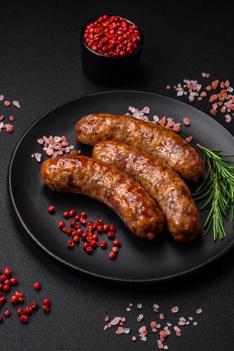 Delicious fried grilled sausages with salt, spices and herbs stock photography Yasso Bars, Simple Foods, 160 Pounds, Grilled Sausage, Woks, Pork Sausage, Spices And Herbs, Grilled Pork, Health Eating