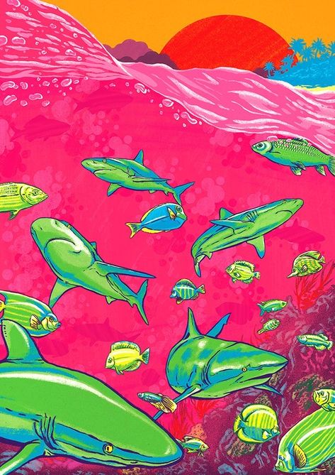 Shark Fish, Ocean Tropical, Pink Ocean, Posca Art, Trippy Art, Art Collage Wall, Funky Art, Surreal Art, Pretty Art