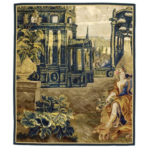 Flemish Mythological Tapestry Fragment probably Lille, 18th century and later woven with a seated female figure, with flowers at her side and in her hair, and a cushion at her feet, flanked by a marble plinth supporting a marble urn with flowering plant another growing at the base of the plinth, with unusual green foliage covered architectural garden porticos, and formally enclosed fountains and pond in the background, without a border, with a later narrow banded yellow and blue outer selvedge Greenery Background, French Tapestry, Landscape Tapestry, Modern Tapestries, Tree Cottage, Cottage French, Antique Interior, Tree Trunks, A Bull