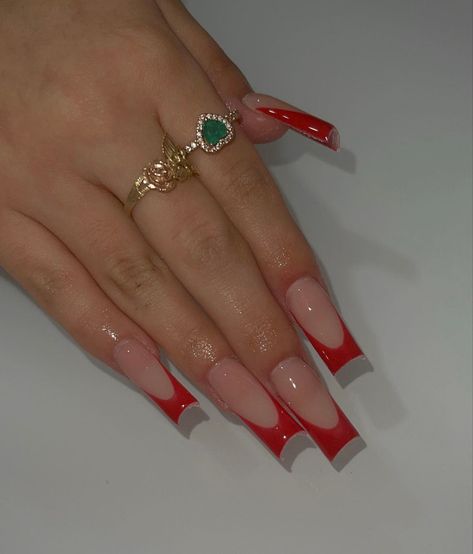 Red Nails V Tip, Valentines Square Acrylic Nails, Long Acrylic Nail Designs Red, Long Red Acrylic Nails Design Square, Long Square French Tip Acrylic Nails, Red French Tip Nails With Diamonds, Acrylic Nails With Bf Initials Red, Red Acrylic French Tips, Red Set Nails