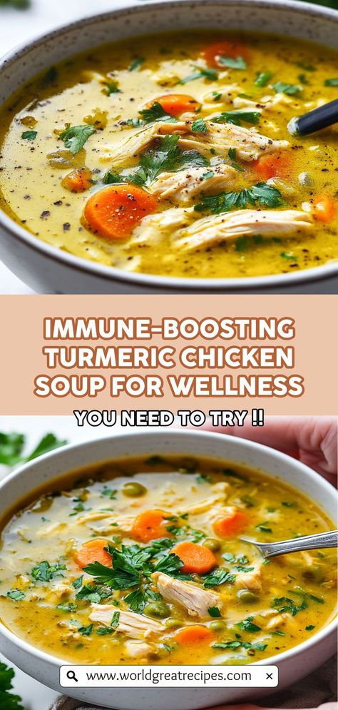 Embrace the warmth of comfort food with this nourishing Anti-Inflammatory Turmeric Chicken Soup. Packed with the vibrant color of turmeric and a symphony of spices, this soup is not just delicious but also supports your immune health. Perfect for chilly nights or when you're feeling under the weather, it combines tender chicken, hearty vegetables, and a medley of spices to create a bowl of wellness. Enjoy a healthy meal that brings joy and nourishment in every spoonful! Whole Chicken Soup, Turmeric Chicken Soup, Healthy Hearty Soup, Hearty Chicken Soup, Healthy Chicken Soup, Cooking With Turmeric, Turmeric Chicken, Healing Soup, Hearty Soup Recipes