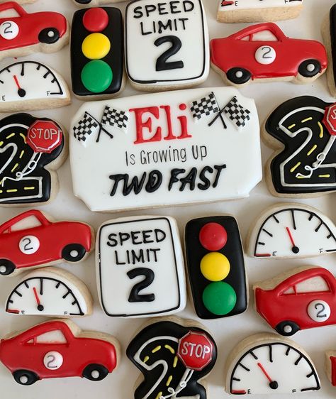 Happy Birthday Eli!!! Now STOP Growing Two Fast!!! Thank you so much @christinasok76 for making Lil’ Bitz a part of Eli’s special day!😊💕 #growinguptwofast #growinguptwofastcookies #2ndbirthdaycookies #racecarcookies #lilbitzbakery #cookies #cookiedecorating #cookieart #cookiedecorator #cookieartist #cookiedesign #decoratedcookies #decoratedsugarcookies #decoratedcookiesofinstagram Two Fast Birthday Cookies, Cars Cookies, Laura Ann, Car Cookies, Cookie Deserts, Cookies Birthday, 1st Birthday Party Themes, Transportation Theme, Car Themes