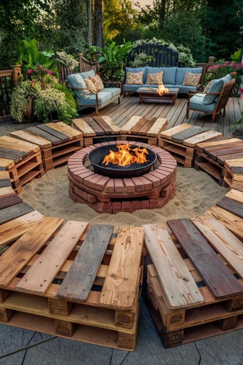 19 DIY Pallet Patio Deck [Complete Guide]  – craftydiyers.com Pallet Fire Pit Seating, Outdoor Pallet Projects Patio, Diy Wood Pallet Projects Easy, Pallet Outdoor Projects, Patio Pallet Furniture, Pallet Decks, Outdoor Fire Pit Diy, Diy Pallet Patio, Diy Decks