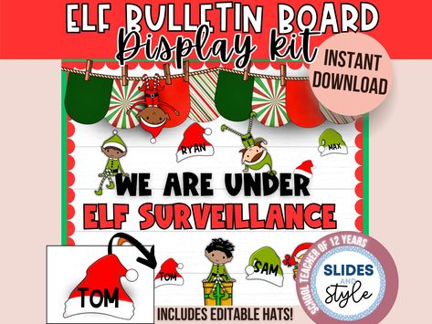 Elf Classroom Decor Printable | Naughty Elf Bulletin Board Decor | Christmas Bulletin Board | Classroom Decor Bundle | Elf surveillance by SlidesAndStyle on Etsy Elf Surveillance Bulletin Board, Elf On The Shelf Bulletin Board, Elf Bulletin Board Ideas For School, Elf On The Shelf Bulletin Board Ideas, Elf Bulletin Board Ideas, Elf Bulletin Board, Bulletin Board Christmas, Elf Classroom, Elf Surveillance