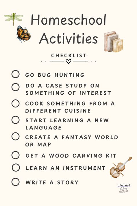 Homeschool activities checklist Homeschool Journal For Kids, Homeschool Lesson Ideas, Homeschool Activities 4th Grade, Homeschool Learning Activities, Homeschool Planner Ideas, 2025 Intentions, Homeschool Checklist, 3rd Grade Homeschool, Homeschooling Crafts