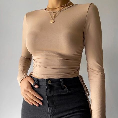 Taupe long sleeve top Beige Long Sleeve Top Outfit, Nude Long Sleeve Top Outfit, Taupe Outfit, Full Sleeve Crop Top, Long Sleeve Top Outfit, Nude Tops, Full Sleeve Top, Beige Outfit, Body Suit Outfits