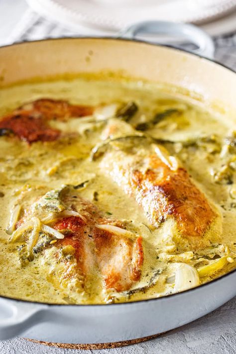 Creamy Chicken Poblano - Maricruz Avalos Kitchen Blog Chicken In Poblano Cream Sauce, Chicken Poblano Pepper Recipes, Poblano Crockpot Recipes, Joanna Gaines Creamy Chicken Poblano, Poblano Pepper And Chicken Recipes, Keto Chicken Poblano Soup, Serrano Chicken Recipe, Spicy Poblano Beef Bowl, Roasted Poblano Chicken Enchiladas