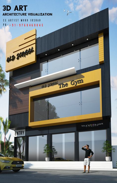 Gym Front Elevation Design, Boutique Hotel Exterior Architecture, Showroom Facade Design Store Fronts, Acp Exterior Design Commercial Building, Gym Elevation Design, 3 Story Commercial Building Design, Gym Facade Design, Comercial Elevation Design, Acp Exterior Design For Shop