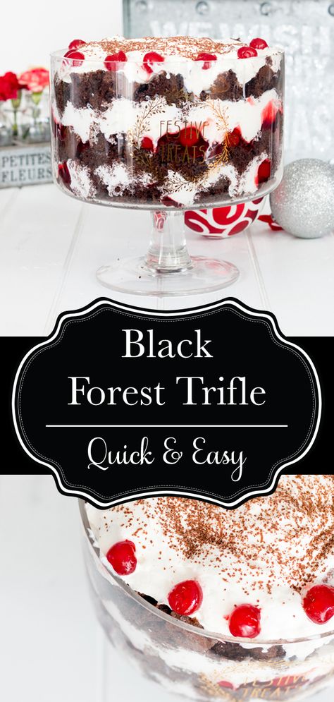 This black forest cake trifle is one of the easiest, and prettiest, desserts you can make. I love it around the holidays, but who am I kidding, black forest cake is delicious any time of year! This is a great last minute dessert too, because it just uses cake box mix, and you can keep all the ingredients in your fridge or pantry, ready to go any time you need!  #dessert #cake #chocolate #chocolatecake #cherries #blackforestcake #easydessert #christmas #holiday #recipe #delicious #food Black Forest Trifle Recipe, Black Forrest Cake, Black Forest Trifle, Cherry Trifle, Cake Trifle, Black Forrest, Brownie Trifle, Berry Trifle, Chocolate Trifle