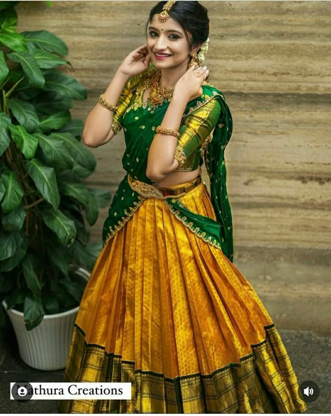 Yellow Green Half Saree, Voni Function Half Saree, Half Sarees Latest Designs, Trendy Half Saree Designs, Latest Half Sarees, Dhavani Half Saree Color Combos, Half Saree Models Latest, Traditional Half Saree Designs, Half Saree Poses