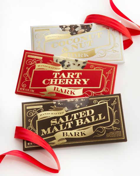 Williams-Sonoma Chocolate Holiday Bark, Chocolate Packaging Design, Chocolate Design, Cool Packaging, Chocolate Brands, Vintage Packaging, Chocolate Packaging, Food Packaging Design, Christmas Packaging