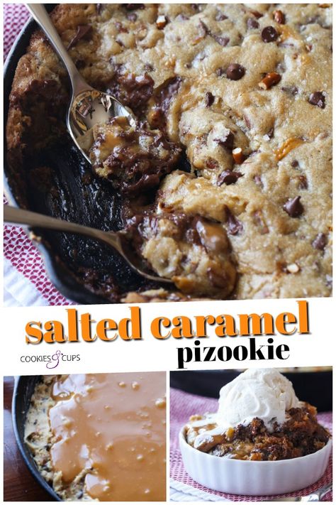 This Salted Caramel Pizookie is over the top delicious! A buttery chocolate chip cookie loaded with salted pretzels with a creamy caramel filling all baked in a skillet! Ooey gooey salted caramel deliciousness! #cookiesandcups #pizookie #castironskillet #skilletrecipe #skilletcookie #saltedcaramel Pizookie Recipe, Buttery Chocolate Chip Cookies, Skillet Cookie Recipe, Skillet Desserts, Heart Sweets, Sugar Mama, Salted Caramel Cookies, Caramel Filling, Gooey Caramel