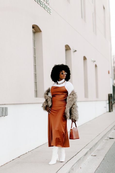 Satin slip dress with boots and Turtle neck #slipdress #satindress #silkdress #rustslipdress #winteroutfit Slip Dress With Boots, Slip Dress Outfit Fall, Slip Dress Outfit Winter, Turtle Neck Dress Outfit, Satin Slip Dress Outfit, Slip Dress Street Style, Slip Dress Layering, Shirt Under Dress, Brown Slip Dress